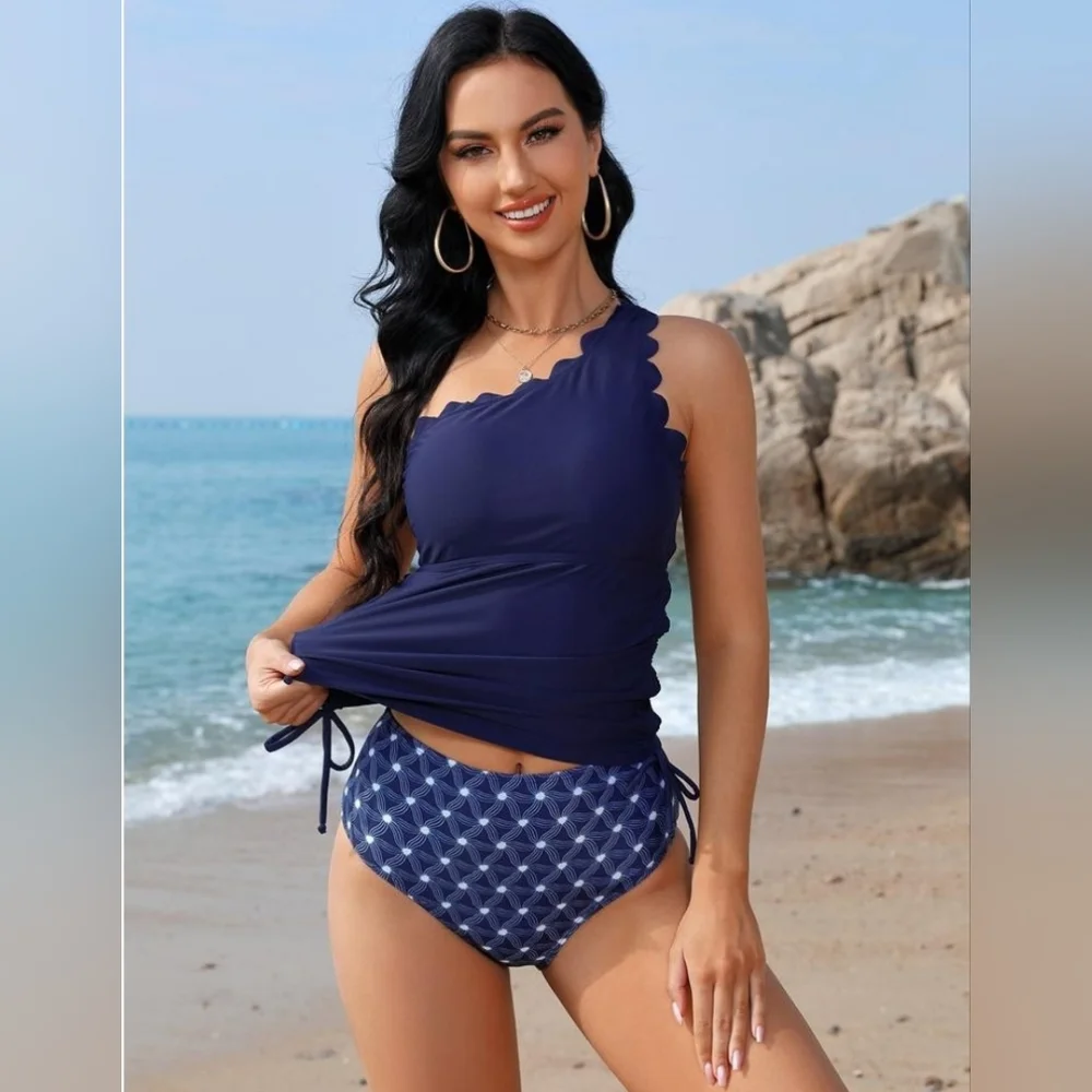 New with tags! Blueming XL Navy Scalloped One Shoulder Two Piece Bikini Swimsuit
